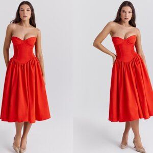 HOUSE OF CB 'Elizabeth' Italian Tomato Strapless Midi Sundress NWOT